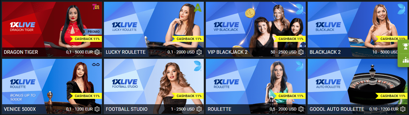 Prévia do cassino ao vivo 1xBet