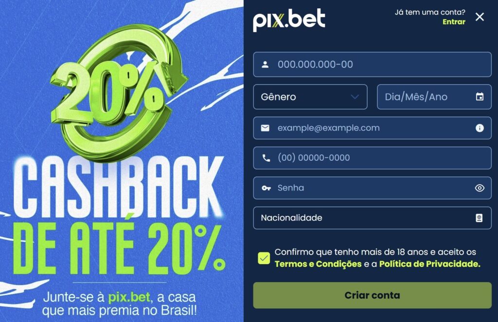 Prévia do processo de registo PixBet
